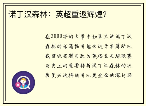 诺丁汉森林：英超重返辉煌？
